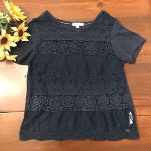 T-shirt with sheer front and floral appliqué